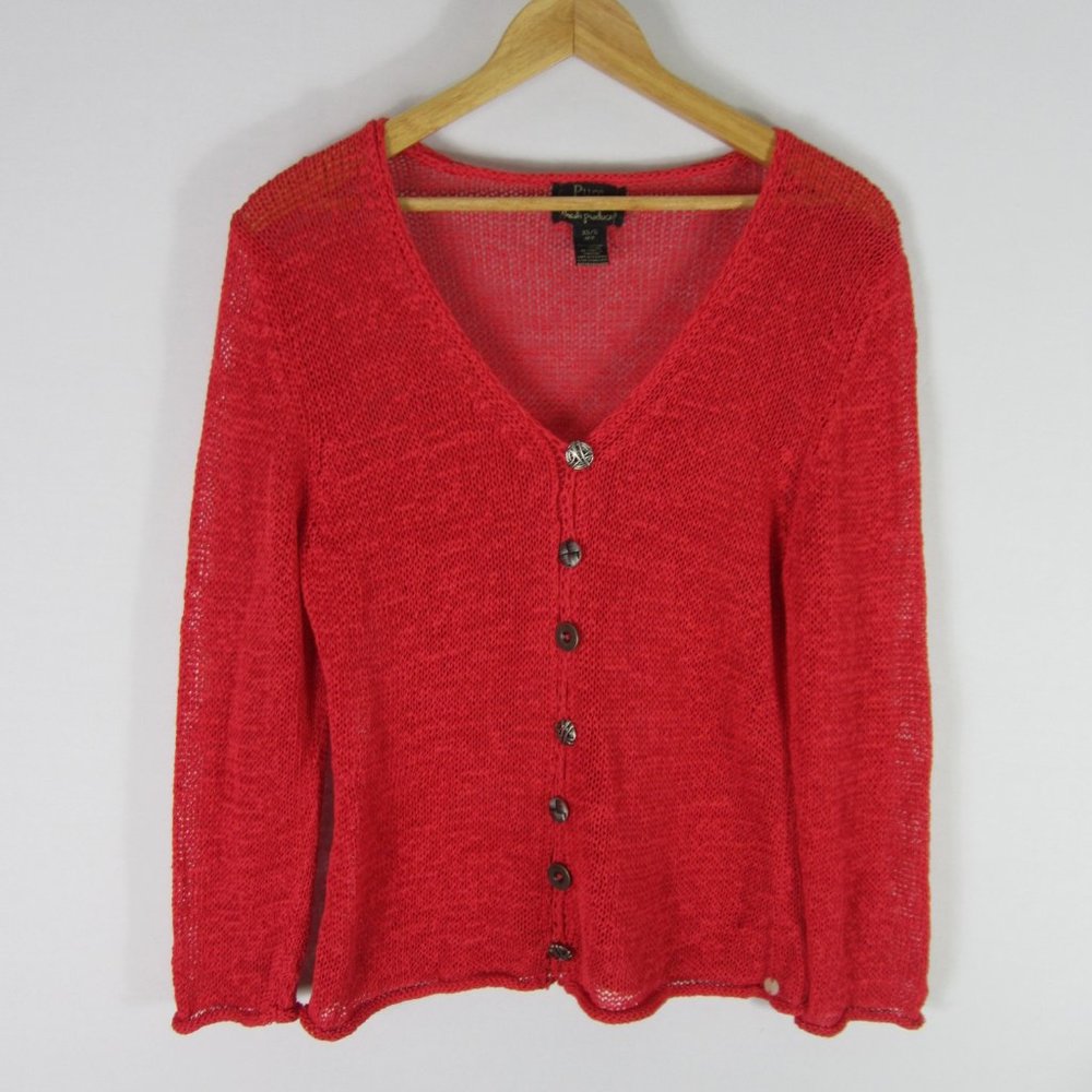 PURE Handknit Fresh Produce Womens XS / S Red Knit Cotton Cardigan Sweater